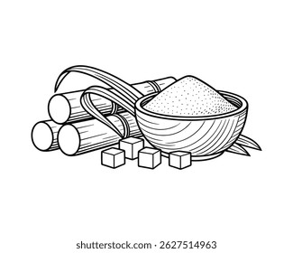 Sugar Cane with Sugar Vector Line Art