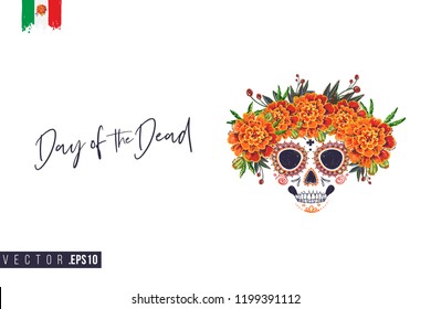 Sugar Catrina skull for Day of the Dead Halloween celebration. Traditional Mexican autumn festival. Invitation flyer template with text: day of the dead. Greeting card with white background.