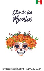 Sugar Catrina skull for Day of the Dead Halloween celebration. Traditional Mexican autumn festival. Invitation flyer template with text: dia de los muertos - day of the dead.