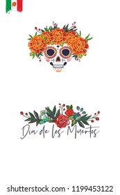 Sugar Catrina skull for Day of the Dead Halloween celebration. Traditional Mexican autumn festival. Invitation flyer template with text: dia de los muertos - day of the dead.