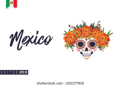 Sugar Catrina skull for Day of the Dead Halloween celebration. Traditional Mexican autumn festival. Invitation flyer template with text: mexico. Greeting card with white background.