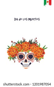 Sugar Catrina skull for Day of the Dead Halloween celebration. Traditional Mexican autumn festival. Invitation flyer template with text: dia de los muertos - day of the dead in spanish.