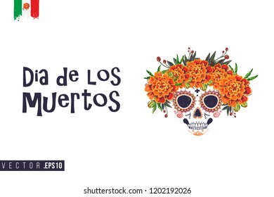 Sugar Catrina skull for Day of the Dead Halloween celebration. Traditional Mexican autumn festival. Invitation flyer template with text: dia de los muertos - day of the dead.