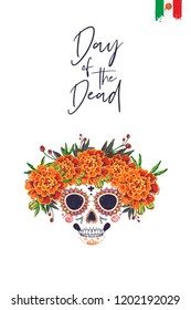 Sugar Catrina skull for Day of the Dead Halloween celebration. Traditional Mexican autumn festival. Invitation flyer template with text: day of the dead. Greeting card with white background.