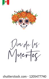 Sugar Catrina skull for Day of the Dead Halloween celebration. Traditional Mexican autumn festival. Invitation flyer template with text: dia de los muertos - day of the dead.