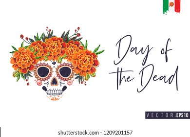 Sugar Catrina skull for Day of the Dead Halloween celebration. Traditional Mexican autumn festival. Invitation flyer template with text: day of the dead. Greeting card with white background.