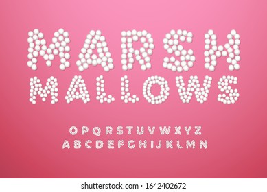 Sugar chewy sweets type for modern american delicious logo, candy monogram, kids holiday design. Heap white dots alphabet, tasty snack font. Top view marshmallows letters, vector typography design