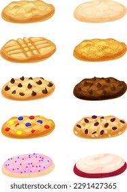 Sugar, chocolate chip, oatmeal raisin, peanut, snickerdoodle, chocolate, candy cookies at an angle on a white background. Isolated vector illustrations.