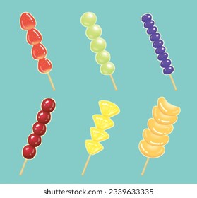 Sugar coated candy, tanghulu, fruit sugar skewers, strawberry, blueberry, pineapple, green grape, tangerine, cherry