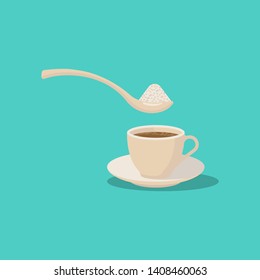 Sugar in coffee. Spoon with powdered sugar over a cup of hot coffee. Vector illustration flat design. Isolated on background. Cartoon style. Invigorating drink.