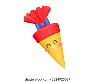 Sugar cone or zuckertute in 3D, realistic vector on white background.School cone for firtst day of school in germany with cartoon face