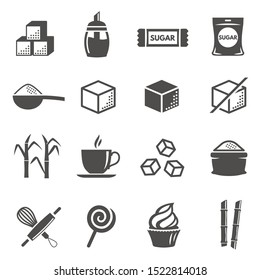 Juego vectorial de iconos de glifos negros de azucar y pastelería. Equipamiento para panadería, taza de café, chupete, símbolos de silueta de bizcocho. Productos dulces, bastón de envasado de azúcar e ilustraciones aisladas de albahaca