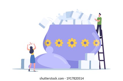 Sugar Consumption, Addiction Concept. Tiny Male Character Stand on Ladder Put Sugar Cube on Top of Huge Pile in Bowl. Man Addict of Sweets, Overdose Glucose Eating. Cartoon People Vector Illustration