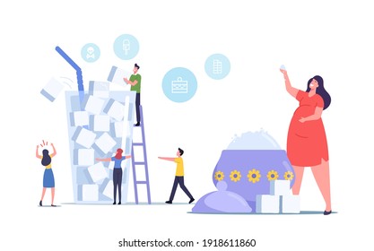 Sugar Consumption Concept. Tiny Male and Female Characters at Huge Glass of Cane Sugar. People Addict of Sweet Junk Food, Health Problem due to Overdose Glucose, Obesity. Cartoon Vector Illustration