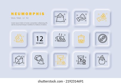 Sugar consumption set icon. Sweet tea, no sugar, crossed out cube, pour, bag, coffee, sugarcane, cane, bowl, hand, quality mark, granulated. Eating concept. Neomorphism. Vector line icon for Business.