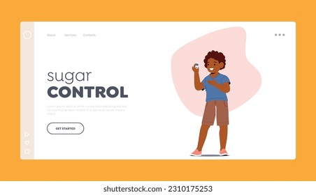 Sugar Control Landing Page Template. Child Character with Diabetes Measures Blood Sugar Level With A Glucometer. Boy Use Device to Check Glucose Levels In The Blood. Cartoon People Vector Illustration