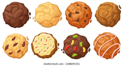 Sugar Cookie. Chewy Sprinkles, Chocolate Chip, Soft Frosted And Fudge Oatmeal Cookies Top View Vector Illustration Set. Fresh Delicious Pastry, Crunchy Homemade Confectionery With Icing, Nuts