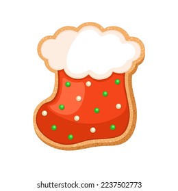 Sugar cookie Christmas gingerbread glazed with glossy icing. Shortbread bisquit red Santa`s boot. Home cooking handmade bakery icon. Sweet Xmas snack cartoon vector illustration.