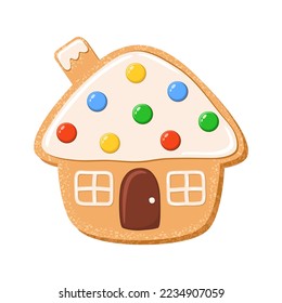 Sugar cookie Christmas house shape. Gingerbread bisquit glased and desorated with dragee. Home bakery pastry. Shortbread cooking sweet snack. Cartoon vector illustration flat design.