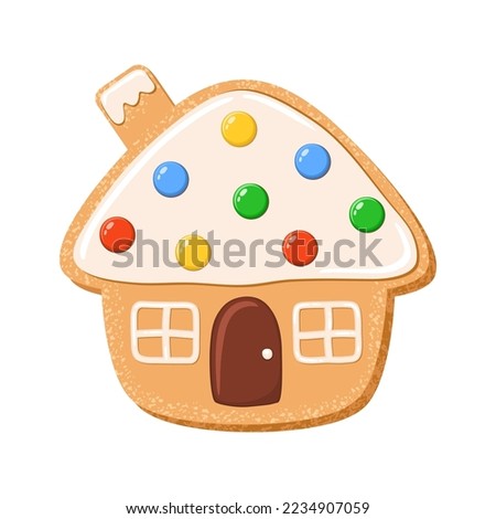 Sugar cookie Christmas house shape. Gingerbread bisquit glased and desorated with dragee. Home bakery pastry. Shortbread cooking sweet snack. Cartoon vector illustration flat design.