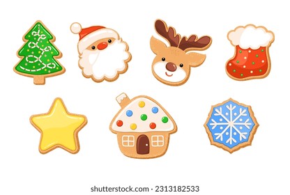 Sugar cookie Christmas vector illustration set. Gingerbread cookies cute design. Biscuit shape ginger bread house, santa face, deer head, snowflake, star, Christmas tree, gift sock. Cute winter print.