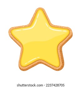 Sugar cookie star shape. Gingerbread glazed with yellow icing. Christmas home cooking. Shortbread bisquit star with glossy glaze. Handmade bakery icon. Sweet Xmas snack cartoon vector illustration.