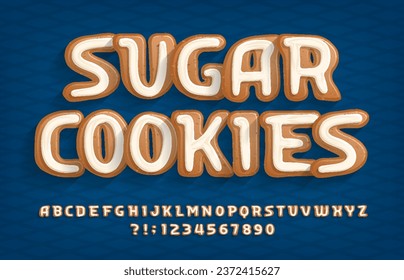 Sugar Cookies alphabet font. Cartoon cookie letters and numbers with sugar icing. Stock vector typeface for your typography design.