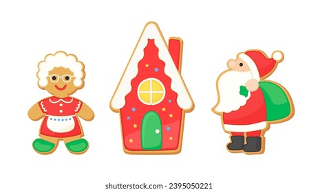 Galletas azucareras Ilustración vectorial del conjunto de Navidad. Cute Santa y la Sra. Santa Claus caricaturizan sobre personajes de galletas azucaradas decoradas con glicinas rojas verdes blancas. Casa de pan de jengibre aislada. Comida dulce festiva.