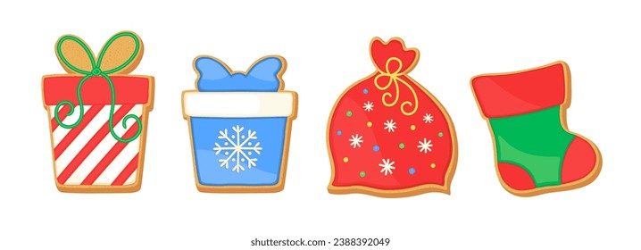 Sugar cookies Christmas vector illustration. Gingerbread gift box, Santa bag, christmas present, cute sock cookie shapes. Cartoon sweet food icons isolated. Home bakery clipart for Xmas projects.