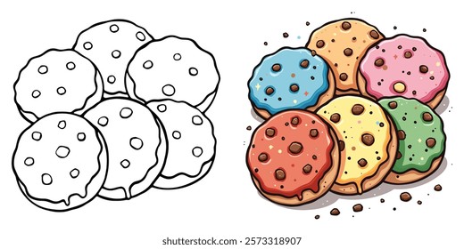 Sugar Cookies Line Art Vector Illustration Black and White with Coloring Sample. Bold and Easy Food, Sweets, Drinks, Dessert, and Snacks Coloring Pages for Adults and Kids.