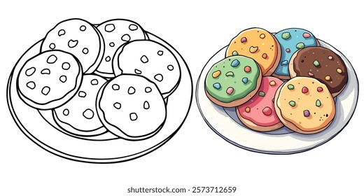 Sugar Cookies Line Art Vector Illustration Black and White with Coloring Sample. Bold and Easy Food, Sweets, Drinks, Dessert, and Snacks Coloring Pages for Adults and Kids.