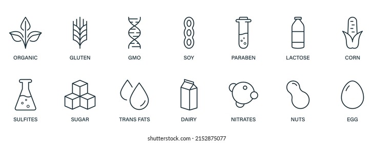 Sugar, Corn, GMO, Dairy, Nitrates, Trans Fat, Soy, Milk, Egg, Paraben, Gluten and Nuts Sign Set. Vegan Food Product Outline Icon. Organic Allergy Ingredient Line Black Icon. Vector Illustration.