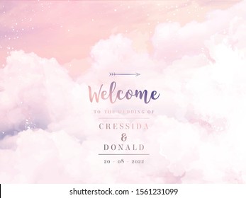 Sugar cotton pink clouds vector design background. Glamour fairytale backdrop. Plane sky view with stars and sunset. Watercolor style texture. Delicate card. Elegant decoration. Fantasy pastel color