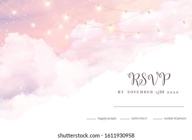 Sugar cotton pink clouds vector design background. Glamour fairytale backdrop. Plane sky view with stars and lamps. Watercolor style texture. Delicate card. Elegant decoration. Fantasy pastel color