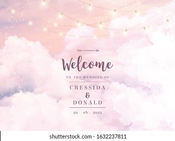 Sugar cotton pink clouds vector design background. Glamour fairytale backdrop. Plane sky view with stars and lamps. Watercolor style texture. Delicate card. Elegant decoration. Fantasy pastel color