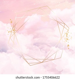 Sugar cotton pink clouds vector design background. Golden line geometric art. Plane sky view with stars and sunset. Watercolor style texture. Delicate card. Elegant decoration. Fantasy pastel color