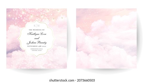 Sugar cotton pink clouds vector design background. Glamour fairytale backdrop. Bokeh lights with stars and sunset. Watercolor style texture. Delicate card. Elegant decoration. Fantasy pastel color