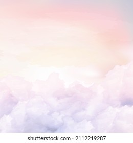 Sugar cotton pink clouds vector design background. Glamour fairytale backdrop. Plane sky view with stars and sunset. Watercolor style texture. Delicate card. Elegant decoration. Fantasy pastel color