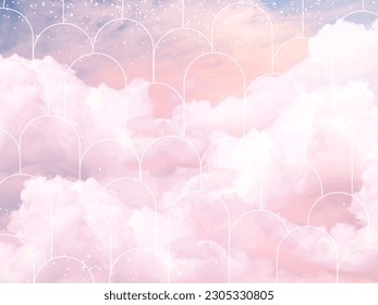 Sugar cotton pink clouds vector design background. Glamour fairytale backdrop. Plane sky view with stars and sunset. Watercolor style texture. Delicate card. Elegant decoration. Fantasy pastel color