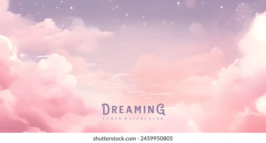 Sugar cotton pink clouds vector design background. Glamour fairytale backdrop. Plane sky view with stars and sunset. Watercolor style texture. Delicate card. Elegant decoration. Fantasy pastel color