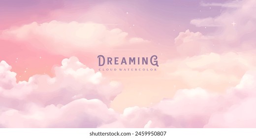 Sugar cotton pink clouds vector design background. Glamour fairytale backdrop. Plane sky view with stars and sunset. Watercolor style texture. Delicate card. Elegant decoration. Fantasy pastel color