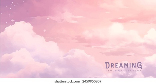 Fondo de diseño de Vector de nubes rosas de algodón azucarado. Fondo de cuento de hadas de glamour. Vista aérea del cielo con estrellas y puesta de sol. Textura de estilo acuarela. Tarjeta delicada. Decoración elegante. Color pastel de fantasía