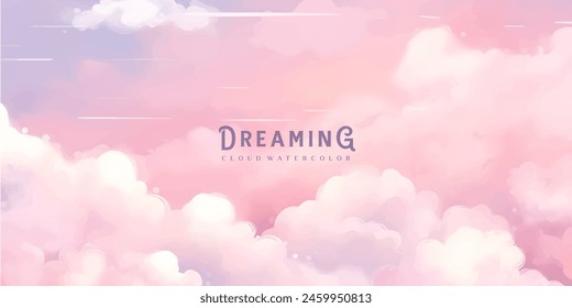 Sugar cotton pink clouds vector design background. Glamour fairytale backdrop. Plane sky view with stars and sunset. Watercolor style texture. Delicate card. Elegant decoration. Fantasy pastel color