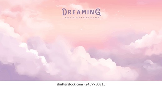 Fondo de diseño de Vector de nubes rosas de algodón azucarado. Fondo de cuento de hadas de glamour. Vista aérea del cielo con estrellas y puesta de sol. Textura de estilo acuarela. Tarjeta delicada. Decoración elegante. Color pastel de fantasía