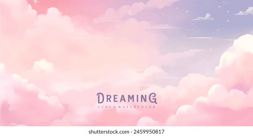 Sugar cotton pink clouds vector design background. Glamour fairytale backdrop. Plane sky view with stars and sunset. Watercolor style texture. Delicate card. Elegant decoration. Fantasy pastel color