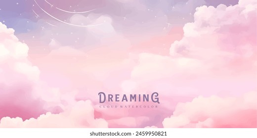 Sugar cotton pink clouds vector design background. Glamour fairytale backdrop. Plane sky view with stars and sunset. Watercolor style texture. Delicate card. Elegant decoration. Fantasy pastel color