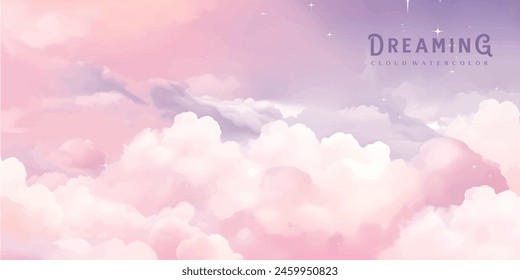 Sugar cotton pink clouds vector design background. Glamour fairytale backdrop. Plane sky view with stars and sunset. Watercolor style texture. Delicate card. Elegant decoration. Fantasy pastel color