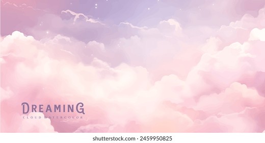 Fondo de diseño de Vector de nubes rosas de algodón azucarado. Fondo de cuento de hadas de glamour. Vista aérea del cielo con estrellas y puesta de sol. Textura de estilo acuarela. Tarjeta delicada. Decoración elegante. Color pastel de fantasía