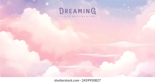 Sugar cotton pink clouds vector design background. Glamour fairytale backdrop. Plane sky view with stars and sunset. Watercolor style texture. Delicate card. Elegant decoration. Fantasy pastel color