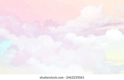 Sugar cotton pink clouds vector design background. Glamour fairytale backdrop. Plane sky view with stars and sunset. Watercolor style texture. Delicate card. Elegant decoration. Fantasy pastel color